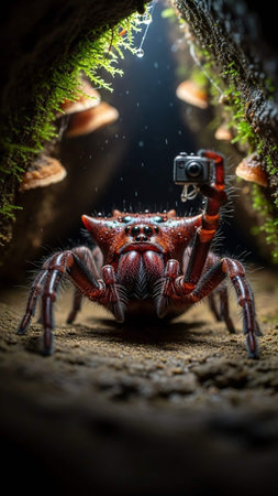A spider holds a camera in a dark cave with mushrooms and mossの写真素材