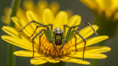 A green spider sitting on a bright yellow flower in a gardenの写真素材