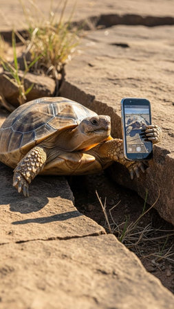 A tortoise taking a selfie on its phone in a rocky outdoor settingの写真素材