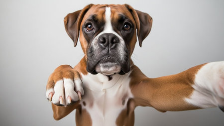 A brown and white boxer dog with a curious expressionの写真素材