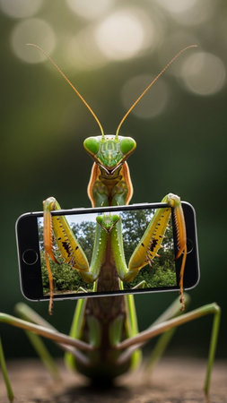 A praying mantis taking a selfie with a smartphone in natureの写真素材
