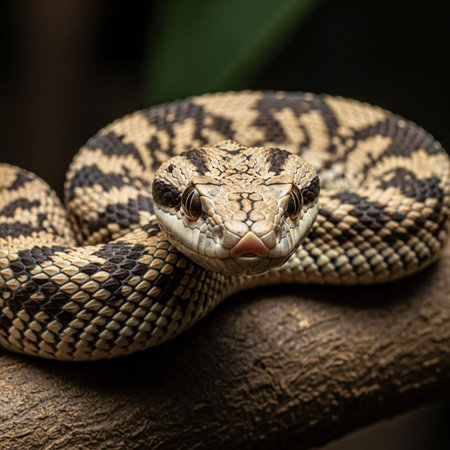 A close-up of a snake coiled on a tree branchの写真素材