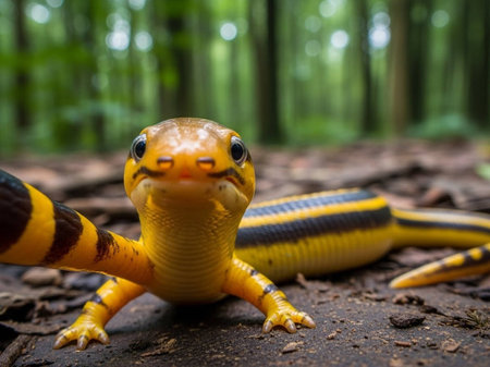 A vibrant yellow and black lizard with a smug expression in a forestの写真素材