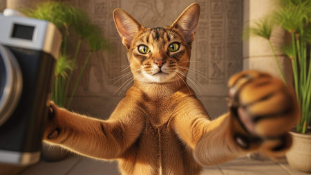 A curious cat taking a selfie with a vintage camera indoorsの写真素材