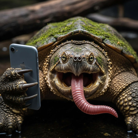 A turtle holding a smartphone with its tongue out in a funny poseの写真素材