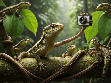 A group of lizards taking a selfie in a lush forest environmentの写真素材