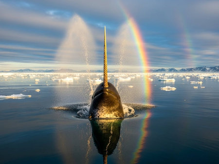 A narwhal swims in icy waters under a vibrant rainbowの写真素材