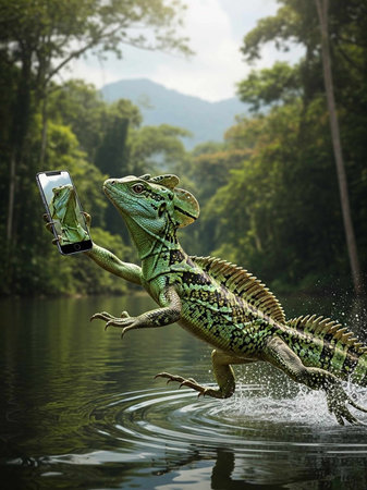 A green lizard jumping out of the water with a smartphoneの写真素材