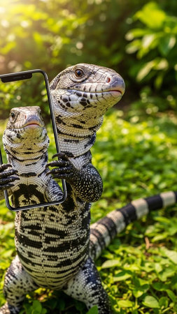 Two lizards taking a selfie in a lush green environmentの写真素材