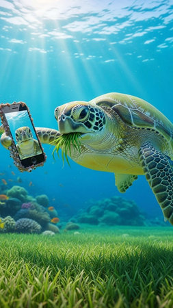 A sea turtle takes a selfie with a smartphone underwater in a vibrant ocean sceneの写真素材