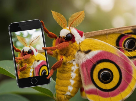 A colorful moth is being photographed by a smartphone in a natural settingの写真素材