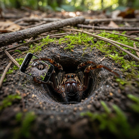 A spider taking a selfie with a smartphone in its burrowの写真素材
