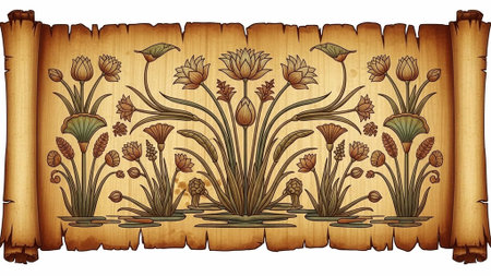 An illustration of flowers and plants on a vintage scrollの写真素材