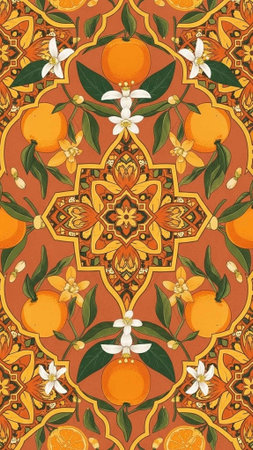 A vibrant and colorful illustration of oranges and flowers in a symmetrical patternの写真素材