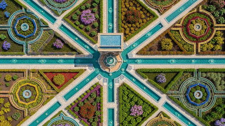 Aerial view of a beautifully designed garden with vibrant flowers and pathwaysの写真素材