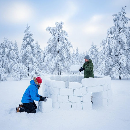Two people building an igloo in a snowy forest with pine treesの写真素材