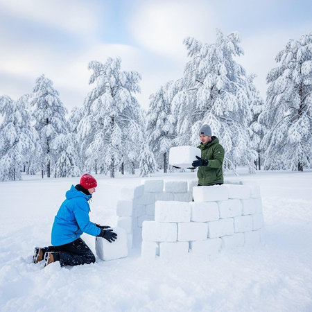 Two people building an igloo in a snowy forest with treesの写真素材