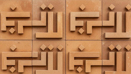 A close-up view of a decorative terracotta tile wall with intricate geometric patternsの写真素材