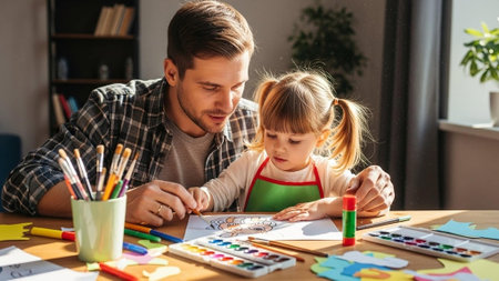 A man and a little girl are engaged in a creative activity together at a tableの写真素材
