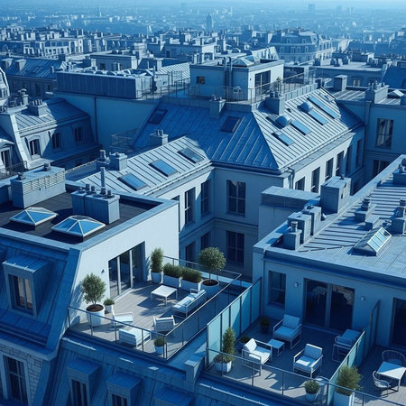 A serene cityscape with modern buildings and a rooftop patioの写真素材