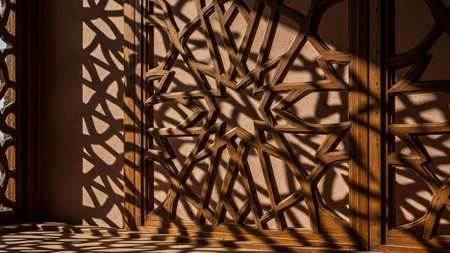 A beautifully designed wooden wall with intricate patterns and shadowsの写真素材