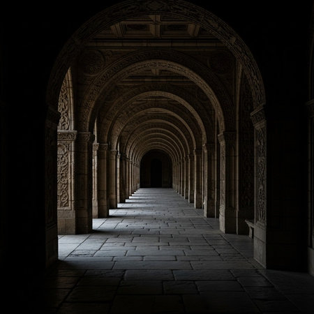 A long, dark corridor with arches and columns leading to a distant unknown destinationの写真素材