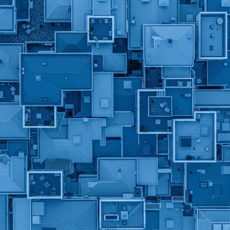 An aerial view of a densely packed urban neighborhood with blue monochromatic rooftopsの写真素材