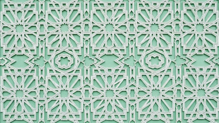 Intricate geometric pattern on a mint green background with white designsの写真素材
