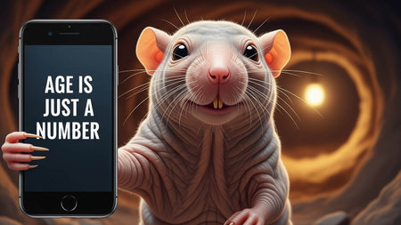 A hairless rat holds a smartphone with a message on the screenの写真素材