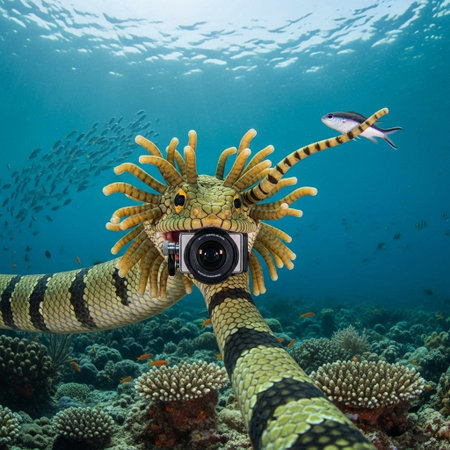 A sea serpent holding a camera in the ocean with coral reefの写真素材