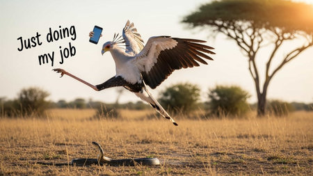 A secretarybird catching a snake in a savannah landscape at sunsetの写真素材