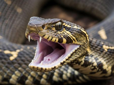 A close-up of a snake with its mouth open, revealing sharp teeth.の写真素材
