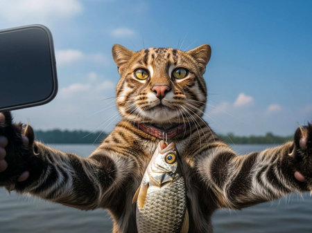 A curious cat taking a selfie with a toy fish by the waterの写真素材