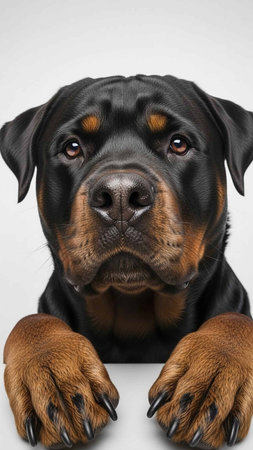 A close-up portrait of a Rottweiler dog with a curious expressionの写真素材