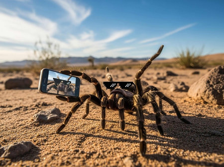 A large spider holds a smartphone in the desert with a blue skyの写真素材