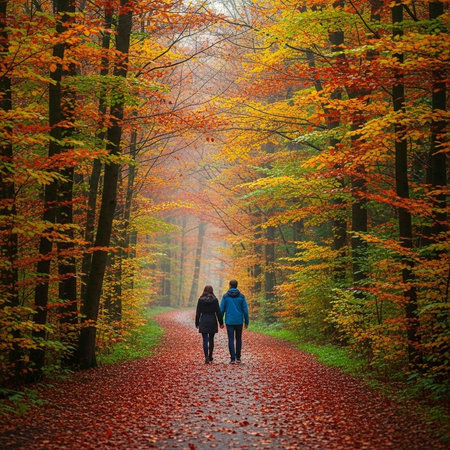 A couple walks hand in hand through a vibrant autumn forestの写真素材