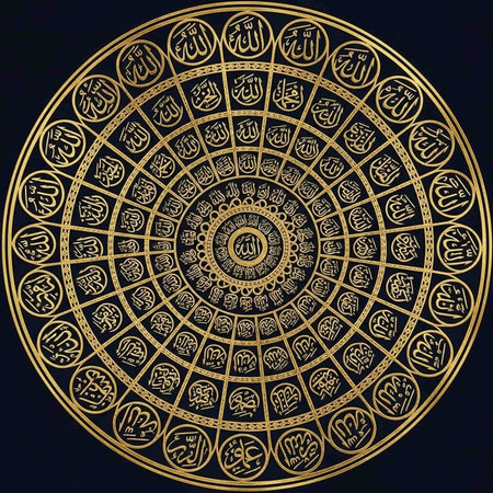 A stunning gold Arabic circular design on a black backgroundの写真素材