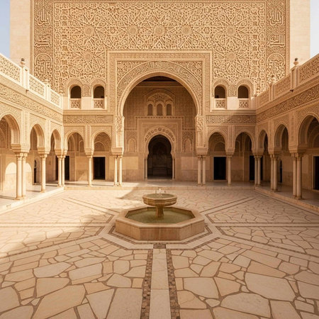 A serene courtyard with intricate architecture and a beautiful fountainの写真素材