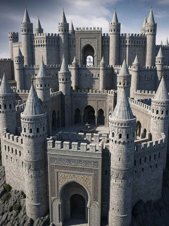 A majestic medieval castle with multiple towers and spires stands on a rocky outcrop under a cloudy skyの写真素材
