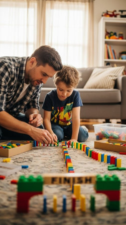 A man and a boy playing with colorful blocks on the floorの写真素材