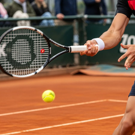 A tennis player in action hitting a ball on a clay courtの写真素材
