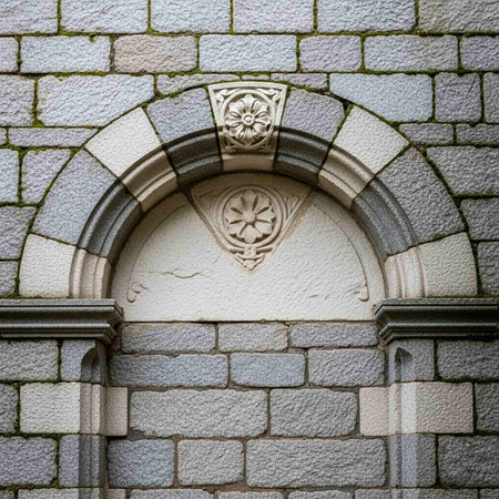 A close-up view of an intricately carved stone archway on a historic buildingの写真素材
