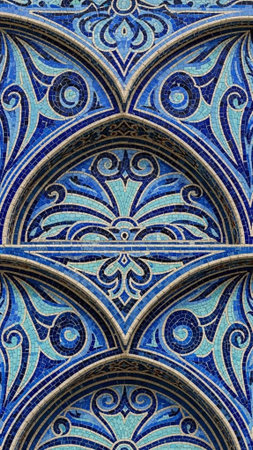 A close-up view of a beautifully designed blue and gold mosaic patternの写真素材