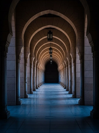 A long, dark corridor with arches and columns leading to a mysterious destinationの写真素材