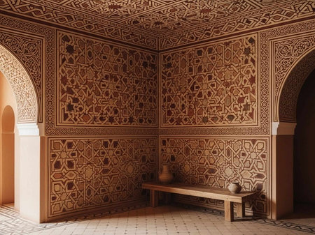 A beautifully decorated Moroccan room with intricate tile work and patternsの写真素材