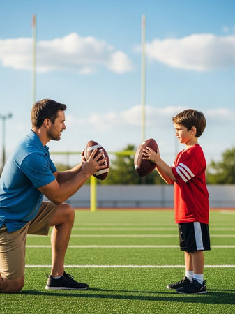 A man and a boy playing football on a green field togetherの写真素材