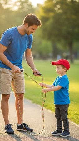 A man and a young boy playing with a jump rope outdoorsの写真素材