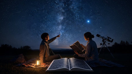A couple stargazing together on a blanket in a peaceful field at nightの写真素材