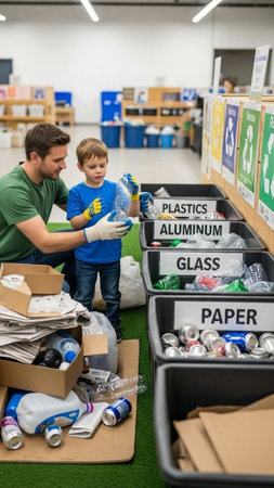 A man and a boy sorting recyclables in a classroom settingの写真素材