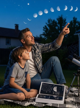 A man and a boy sitting on a blanket looking at the moon phasesの写真素材